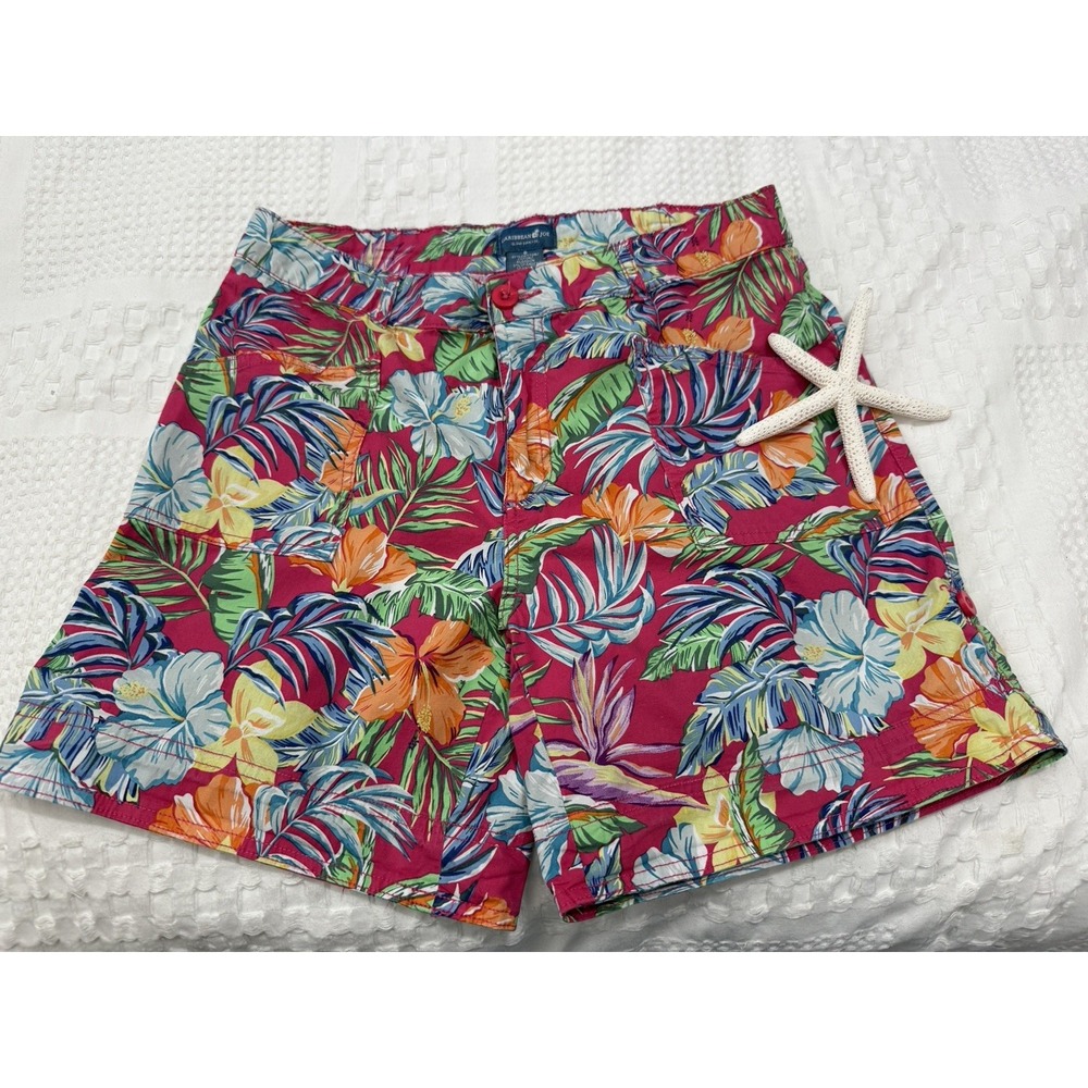 Caribbean Joe Women's Tropical Floral Cargo Shorts Cotton Canvas Pockets Button